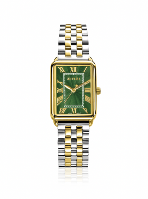 ZINZI Elegance horloge groene wijzerplaat en rechthoekige kast stalen bicolor schakelband 28mm extra dun ZIW1935
