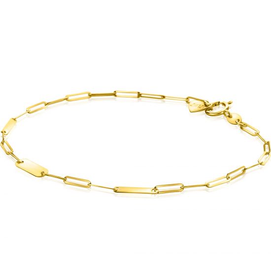 ZINZI Gold 14 krt gouden schakelarmband met paperclip schakels (1,8mm breed) en drie gladde plaatjes 19cm ZGA443
