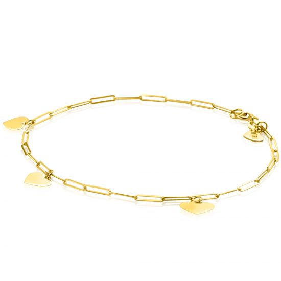 ZINZI Gold 14 krt gouden armband met trendy paperclip schakels 1,8mm breed met drie gladde harten, lengte 19cm ZGA342