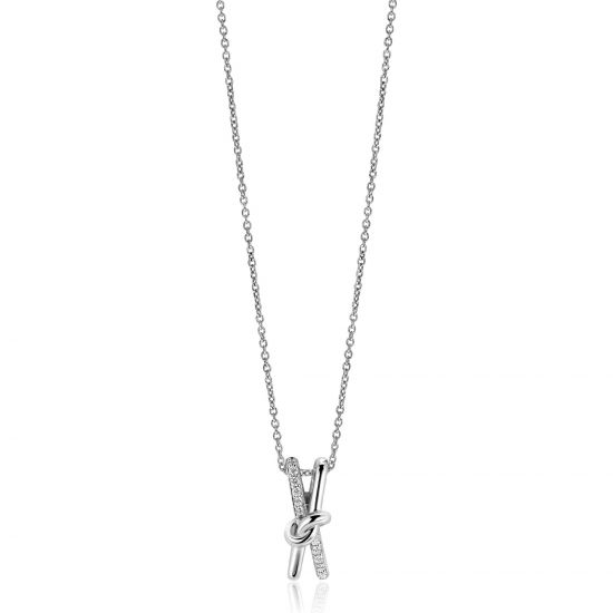 45cm ZINZI zilveren ketting met cross-over hanger 19mm met knoop, bezet met witte zirconia's ZIC2505