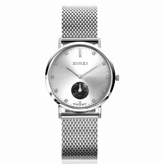 ZINZI Glam horloge zilverkleurige wijzerplaat stalen kast stalen mesh band grijze chrono 34mm extra dun ZIW539M