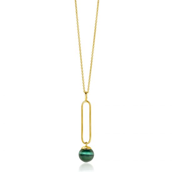 ZINZI gold plated zilveren ketting met lange ovale hanger en bungelende groene cateye in bolvorm 40-45cm ZIC2420