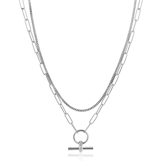 ZINZI zilveren schakel ketting 50cm met multilook: combinatie van gourmet en paperclip schakels en trendy T-bar bezet met witte zirconia's ZIC2462