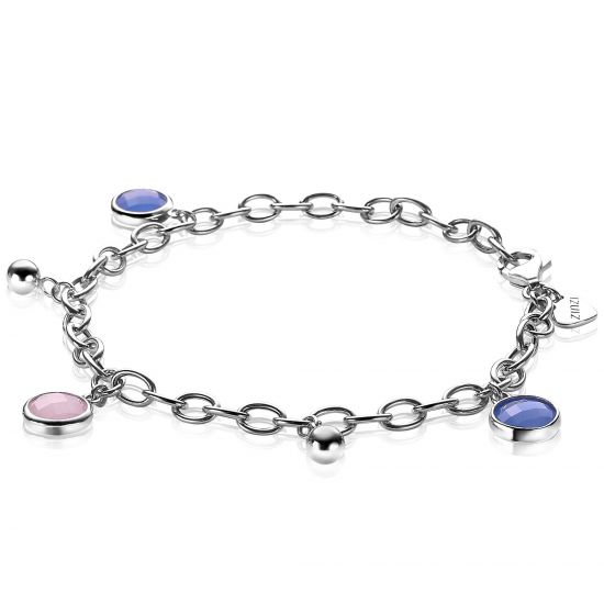 ZINZI zilveren luxe bedelarmband met bolletjes en ronde zettingen roze blauw ZIA2005