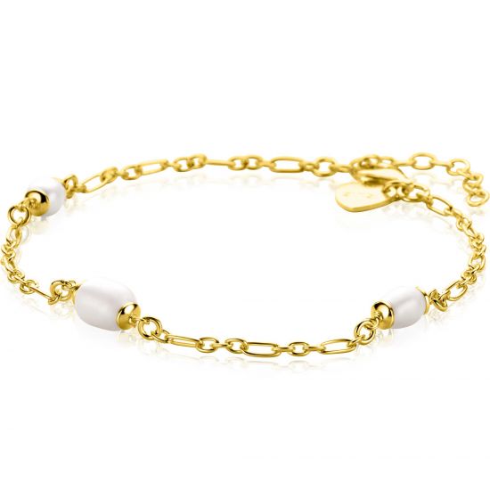 ZINZI gold plated zilveren schakelarmband met drie ovale witte zoetwaterparels 17-20cm ZIA2588