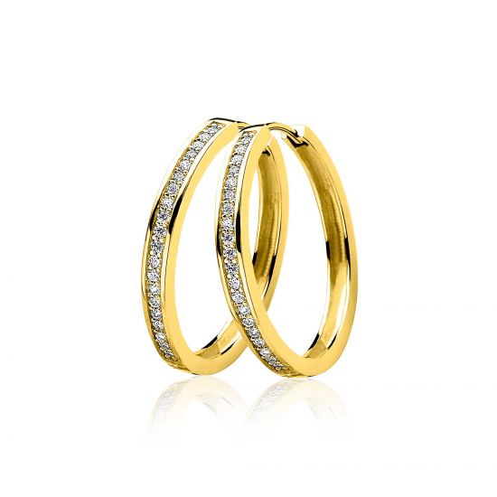 28mm ZINZI gold plated zilveren oorringen met witte zirconia's en luxe klapsluiting, buisdikte 3mm ZIO193Y