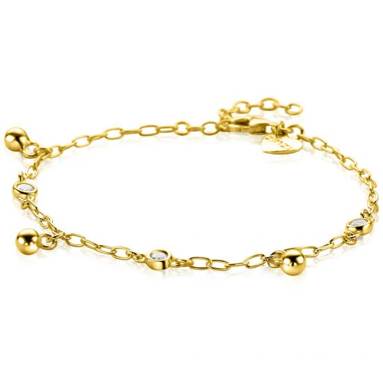 ZINZI gold plated zilveren schakel armband 9mm breed met witte zirkonia's en gladde bolletjes 17-19cm ZIA2658