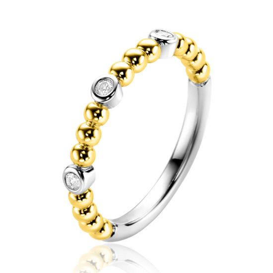 ZINZI gold plated zilveren aanschuifring met bolletjes scheen en drie ronde zettingen bezet met witte zirconia ZIR2569