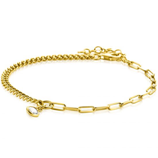 ZINZI gold plated zilveren armband met twee trendy schakels gecombineerd: gourmet en paperclip schakels. Met in het midden een bungelende witte zirconia 17-20cm ZIA2480