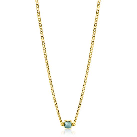 ZINZI gold plated zilveren gourmet ketting met vierkante zetting bezet met indigo blauwe kleursteen 40-45cm ZIC2417G