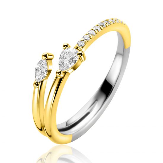 ZINZI gold plated zilveren multi-look ring (4mm breed) met een peervormige en ovale witte zirkonia ZIR2689Y