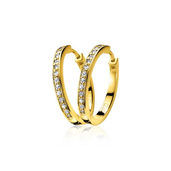 24mm ZINZI gold plated zilveren oorringen met witte zirconia's en luxe klapsluiting, buisdikte 3mm ZIO192Y