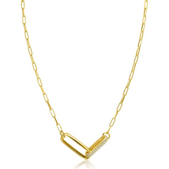 ZINZI gold plated zilveren schakel ketting 45cm met 2 grote ovale schakels, bezet met witte zirconia ZIC2371Y