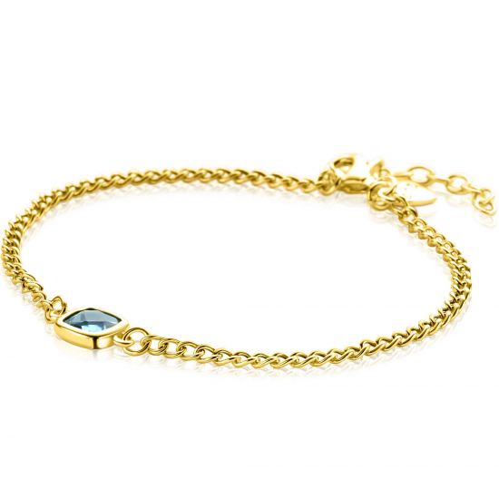 ZINZI gold plated zilveren gourmet armband met vierkante zetting bezet met indigo blauwe kleursteen 16-19cm ZIA2417G