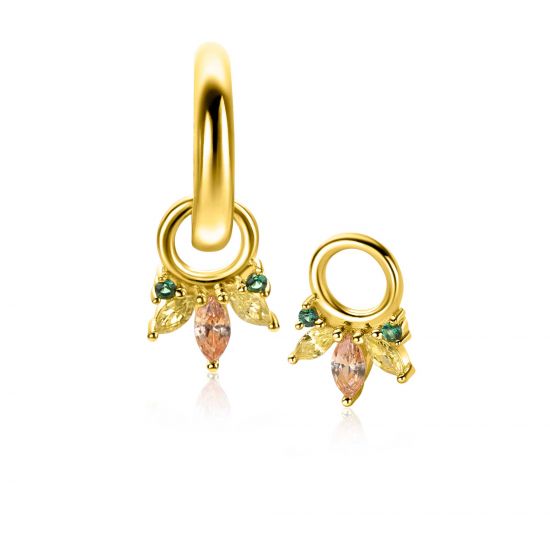 10mm ZINZI gold plated zilveren oorbedels met vijf speelse zettingen in aflopende grootte, bezet met champagne, peridot en donkergroene kleurstenen ZICH2633GC (zonder oorringen)