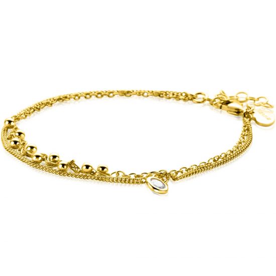 ZINZI gold plated zilveren multilook armband met ronde zetting witte zirconia en bolletjes 16,5-19cm ZIA2520Y