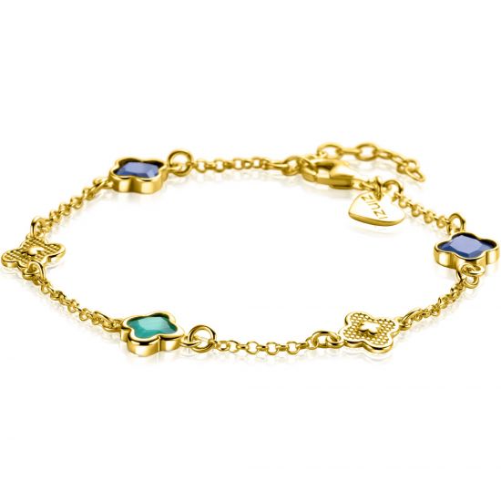 ZINZI gold plated zilveren schakel armband met twee donkerblauwe klavers en een groene klaver 16-19cm ZIA2583
