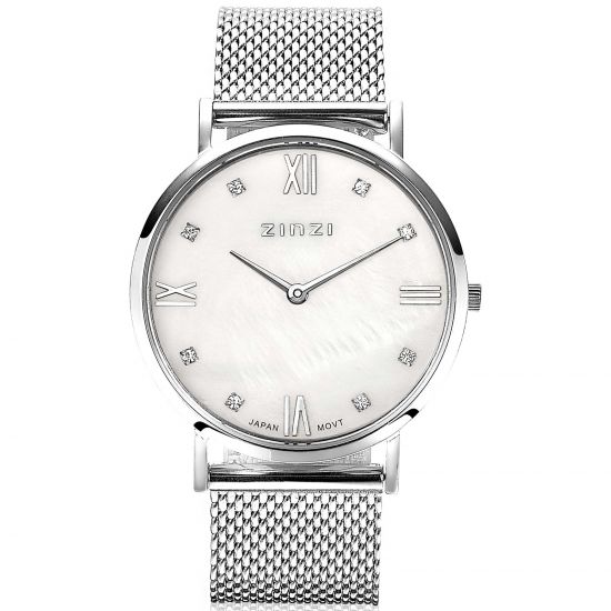 ZINZI Roman horloge witte parelmoer wijzerplaat, witte zirconia's bij uuraanduiding, stalen mesh band 34mm extra dun ZIW521M
