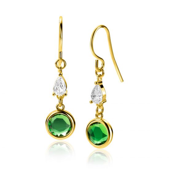 37mm ZINZI gold plated zilveren oorhangers bezet met een peervormige witte zirconia en een ronde groene kleursteen ZIO-BF69G