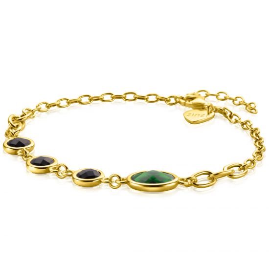 ZINZI gold plated zilveren schakel armband met drie ronde zettingen zwart en ovale zetting groen 17-20 cm ZIA2389