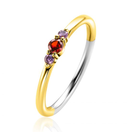 ZINZI gold plated zilveren ring met ronde chatonzettingen rood granaat en paarse kleurstenen 3mm breed ZIR2563