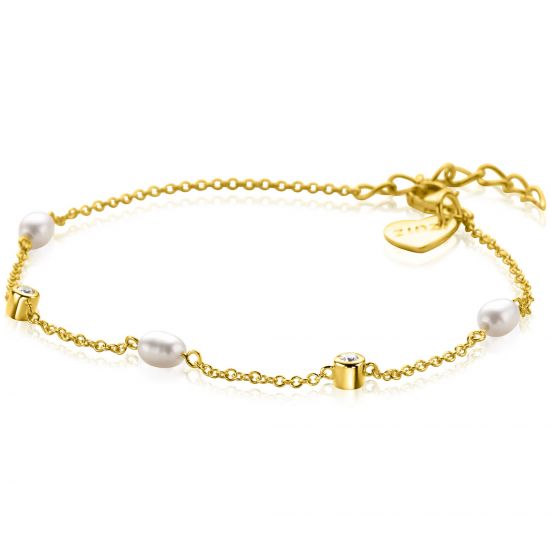 ZINZI gold plated zilveren jasseron schakel armband 4mm breed met zoetwaterparels en witte zirkonia's 17-19cm ZIA2657