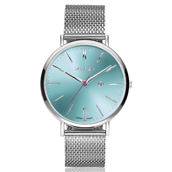 Zinzi Retro horloge blauw-groen gekleurde wijzerplaat en kast stalen mesh band 38mm extra dun ZIW411M
