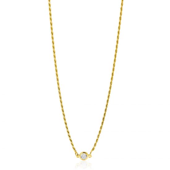 ZINZI gold plated zilveren koord ketting bezet met een ronde witte zirconia 40-45cm ZIC2461Y