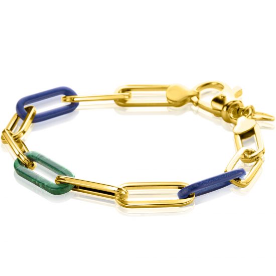 ZINZI gold plated zilveren armband met paperclip-schakels en trendy schakels in lapisblauw en malachietgroen 19cm ZIA2455