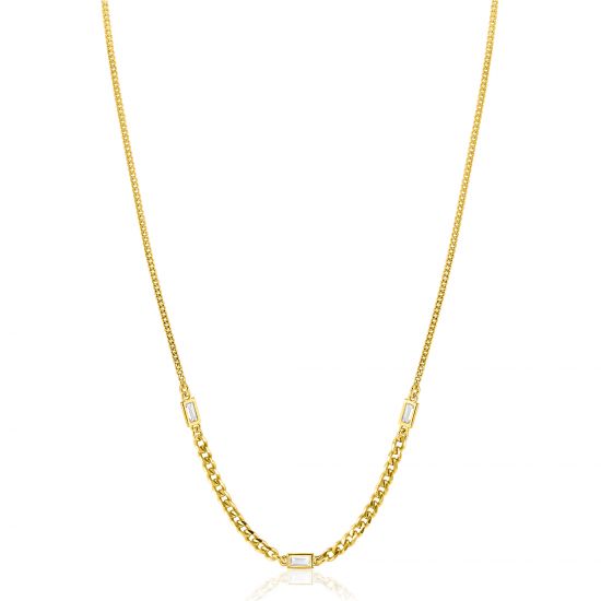 ZINZI gold plated zilveren ketting met gourmet schakels in verschillende breedtes, gecombineerd met drie rechthoekige baguette geslepen zirconia's 42-45cm ZIC2410