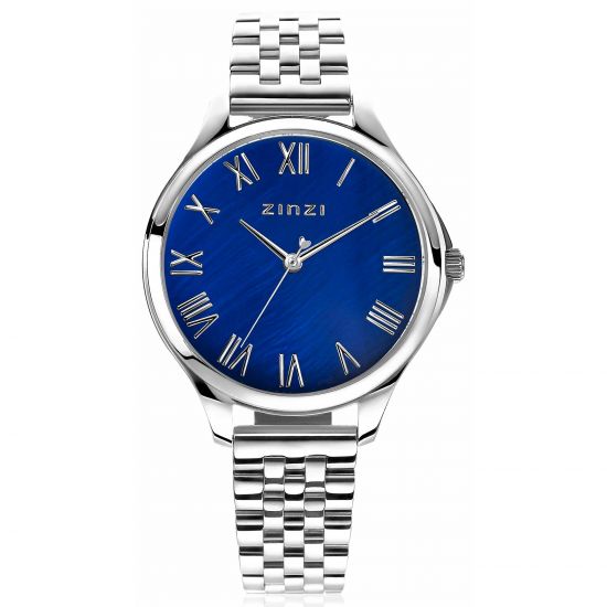 ZINZI horloge JULIA 34mm donkerblauwe parelmoer wijzerplaat romeinse cijfers stalen kast en band ZIW1146
