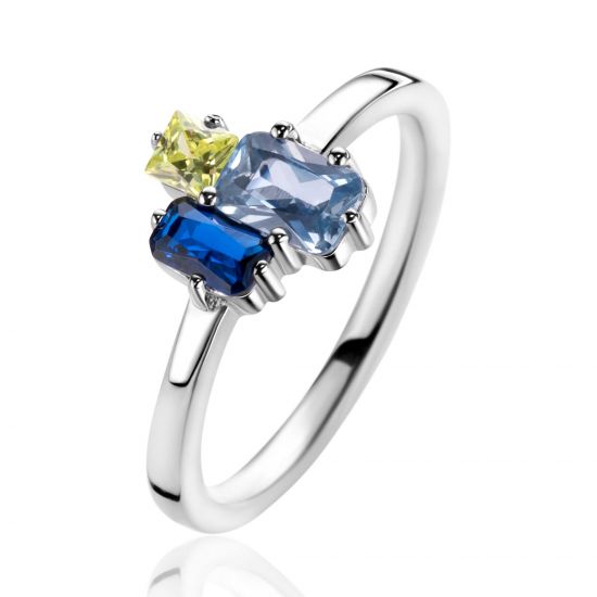 ZINZI zilveren ring met rechthoekige zettingen, bezet met licht groene, licht blauwe en saffier blauwe kleurstenen ZIR2496