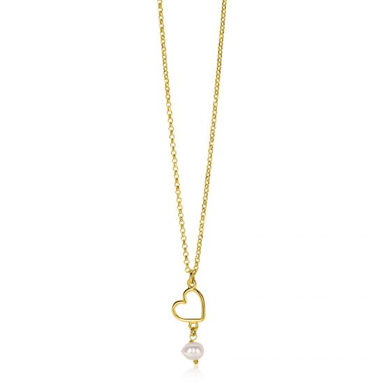 ZINZI gold plated zilveren ketting met open hartje en bungelend witte zoetwaterparel 40-45cm ZIC2642