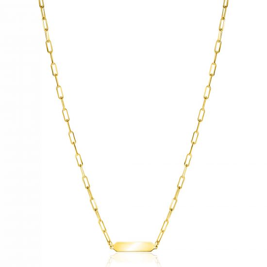 ZINZI gold plated zilveren ketting met paperclip-schakels en glanzend rechthoekig plaatje om te graveren 42-45cm ZIC2530G