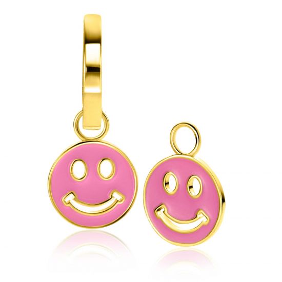 15mm ZINZI gold plated zilveren ronde smiley oorbedels, bezet met trendy roze emaille ZICH2312R (zonder oorringen)