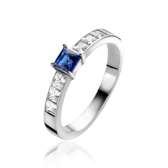 ZINZI zilveren ring vierkant saffierblauw en witte zirconia's ZIR2453