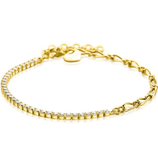 ZINZI gold plated zilveren fantasie schakel armband (2,3mm breed) waarbij de ene helft bezet is met witte zirconia's 17-20cm ZIA2460Y