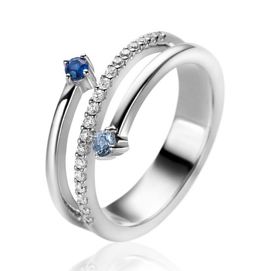 ZINZI zilveren multi-look ring (9mm breed) met 3 rijen, bezet met blauwe kleurstenen en witte zirconia's ZIR2646B