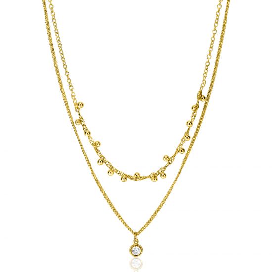 ZINZI gold plated zilveren multilook ketting met ronde zetting witte zirconia en 16 bolletjes 39-42cm ZIC2520Y