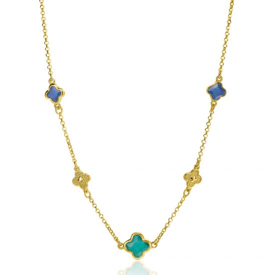 ZINZI gold plated zilveren schakel ketting met twee donkerblauwe klavers en een grotere groene klaver 40-45cm ZIC2583
