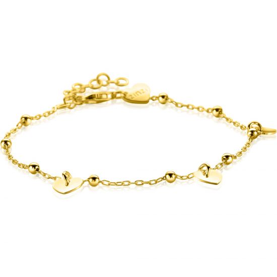 ZINZI gold plated zilveren schakelarmband met bolletjes en drie gladde hartjes 17-20cm ZIA2531G