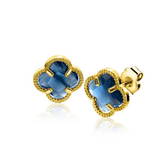 9mm ZINZI gold plated zilveren oorstekers in klaver vorm met donkerblauwe kleursteen ZIO2662DB