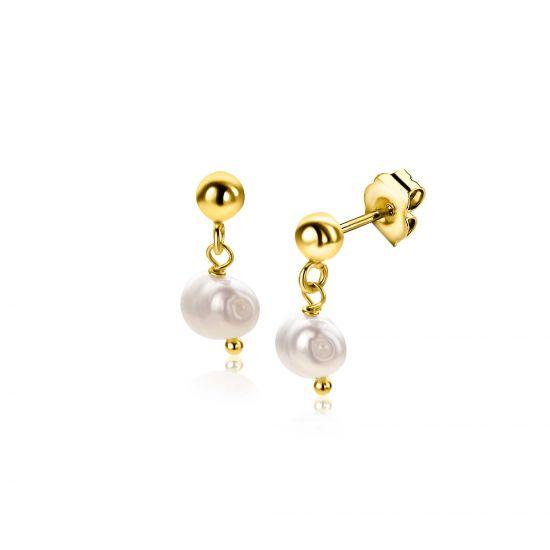 15mm ZINZI gold plated zilveren oorstekers met bungelend witte zoetwaterparel 6mm in organische vorm ZIO2643