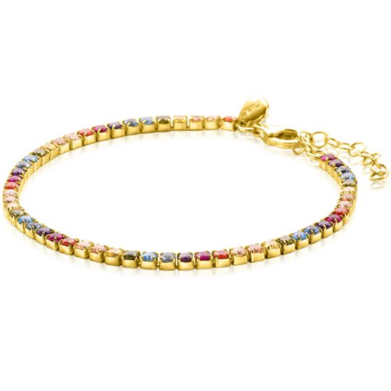 ZINZI gold plated zilveren tennis armband 3mm breed en bezet met regenboog kleurstenen in vierkante kastzettingen 17-20cm ZIA2666