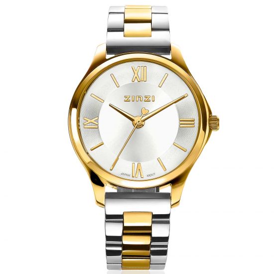 ZINZI Classy Mini horloge 30mm zilverkleurige wijzerplaat goudkleurige stalen kast en bicolor band ziw1233
