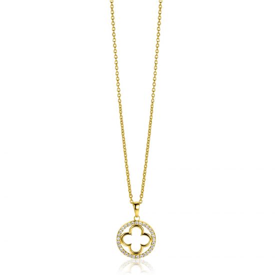 ZINZI gold plated zilveren anker ketting met luxe klaver hanger (15mm) rondom bezet met witte zirconia's 45-48cm ZIC2617Y