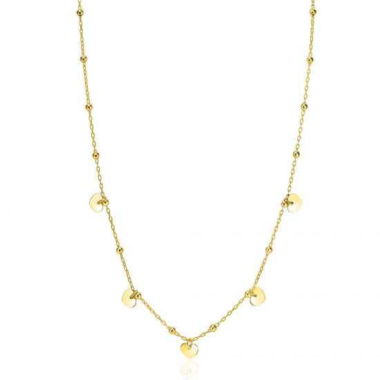 ZINZI gold plated zilveren ankerketting met kleine bolletjes en vijf gladde hartjes 42-45cm ZIC2531G