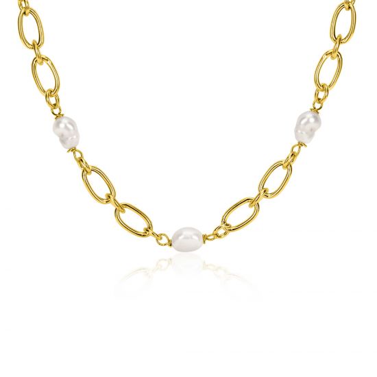 ZINZI gold plated zilveren schakel ketting met witte zoetwaterparels 49cm ZIC-BF112G