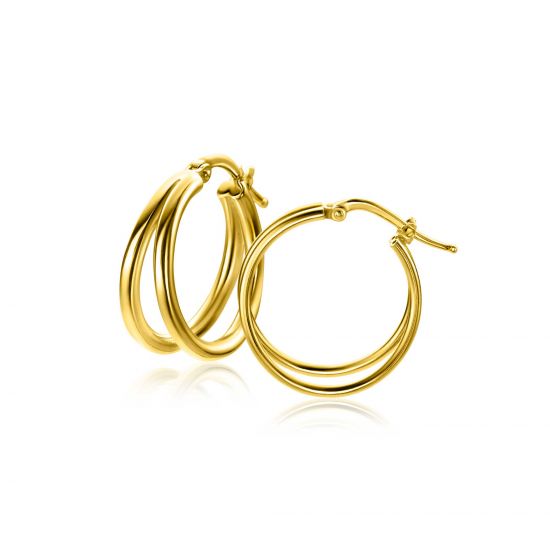 19mm ZINZI gold plated zilveren multi-look oorringen met een trendy dubbele buis en handige bovensluiting ZIO-BF113G