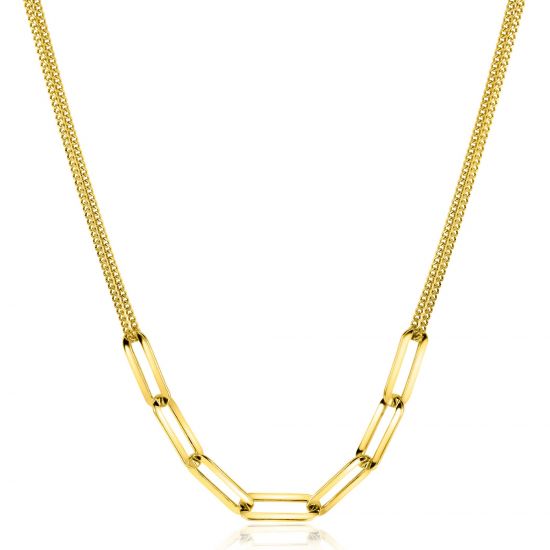 ZINZI zilveren collier extra 14K geel verguld dubbele ketting met paperclip schakels 40-45cm ZIC2262G